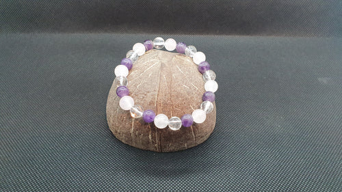 Bracelet Améthyste, Quartz Rose et  Cristal de Roche 8mm